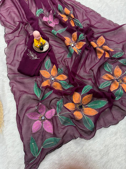 Elegant Organza Wine Floral Brush Print Saree