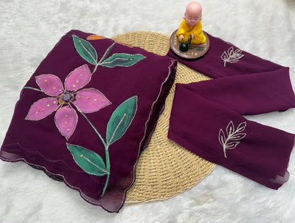 Elegant Organza Wine Floral Brush Print Saree