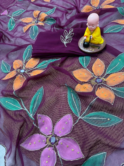 Elegant Organza Wine Floral Brush Print Saree