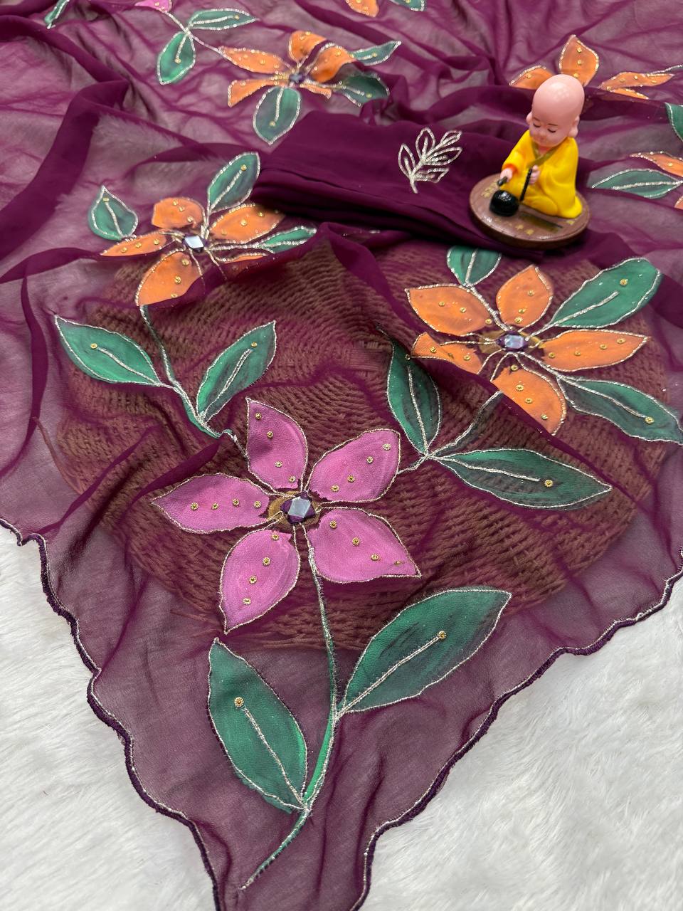 Elegant Organza Wine Floral Brush Print Saree