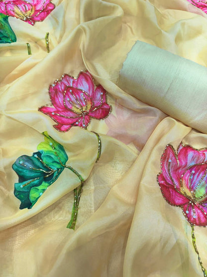 Yellow Organza Exclusive Floral Handwork Saree