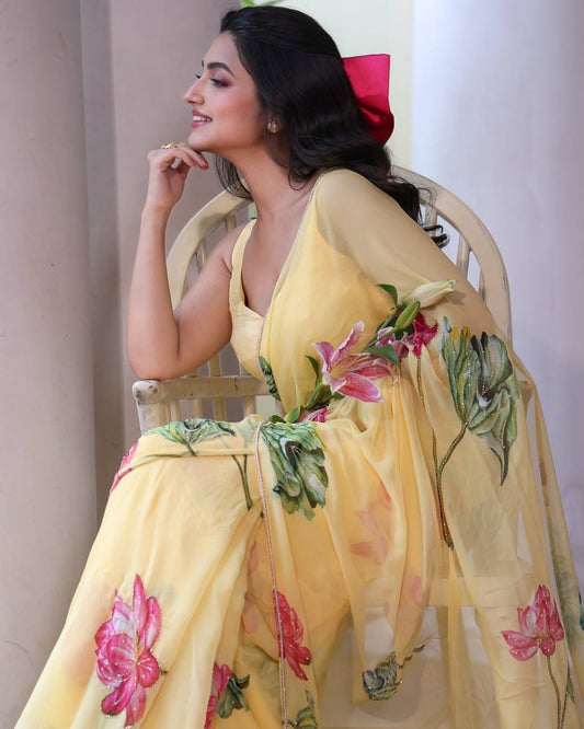 Yellow Organza Exclusive Floral Handwork Saree