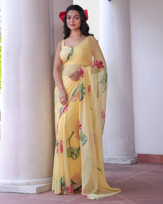 Yellow Organza Exclusive Floral Handwork Saree
