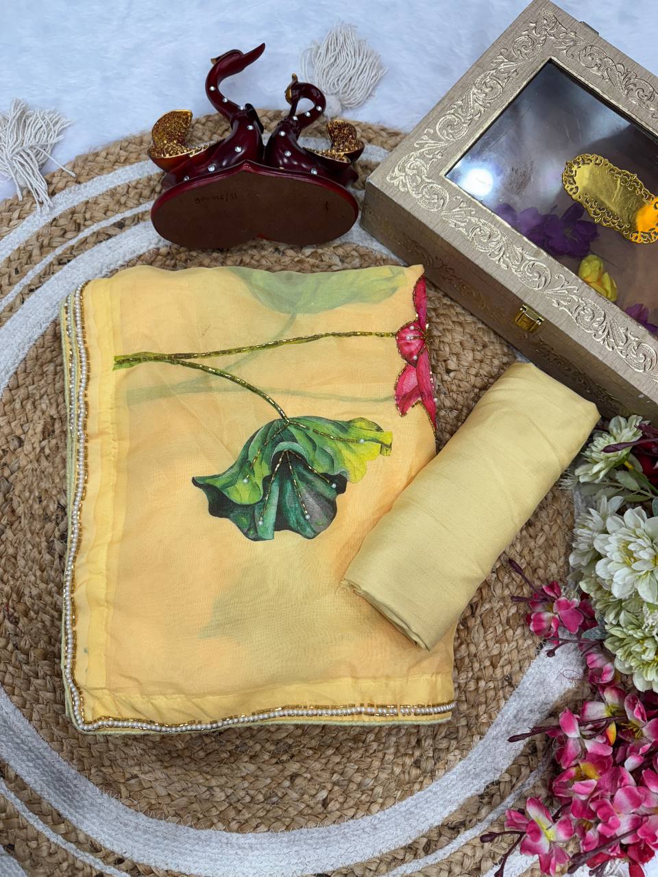 Yellow Organza Exclusive Floral Handwork Saree