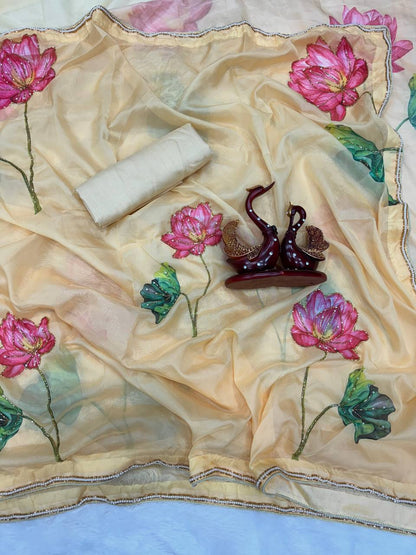 Yellow Organza Exclusive Floral Handwork Saree