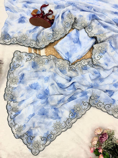 Sky Floral Soft Space Silk Codding and Sequence Work Saree
