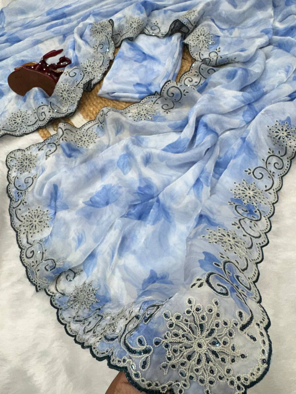 Sky Floral Soft Space Silk Codding and Sequence Work Saree