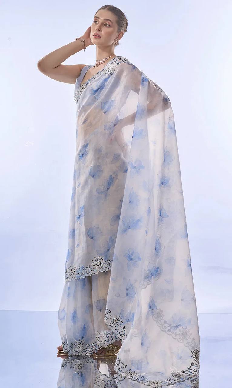 Sky Floral Soft Space Silk Codding and Sequence Work Saree