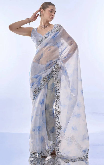 Sky Floral Soft Space Silk Codding and Sequence Work Saree