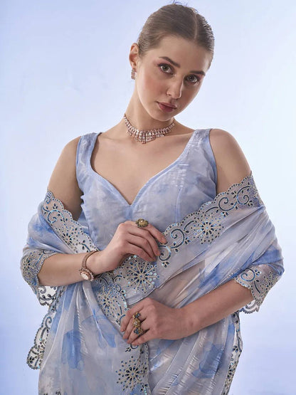 Sky Floral Soft Space Silk Codding and Sequence Work Saree