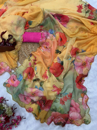 Exclusive Yellow Tabby Organza With Handwork Saree