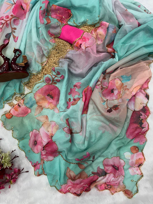 Exclusive Sky Tabby Organza Silk Saree With Handwork