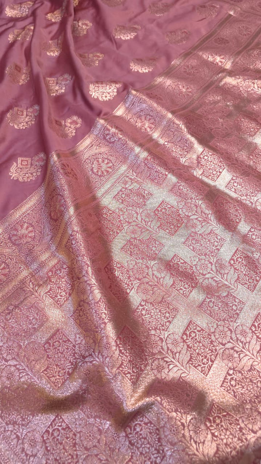Elegant Mauve Pink Banarasi Satin Silk Saree with Golden Zari Weaving