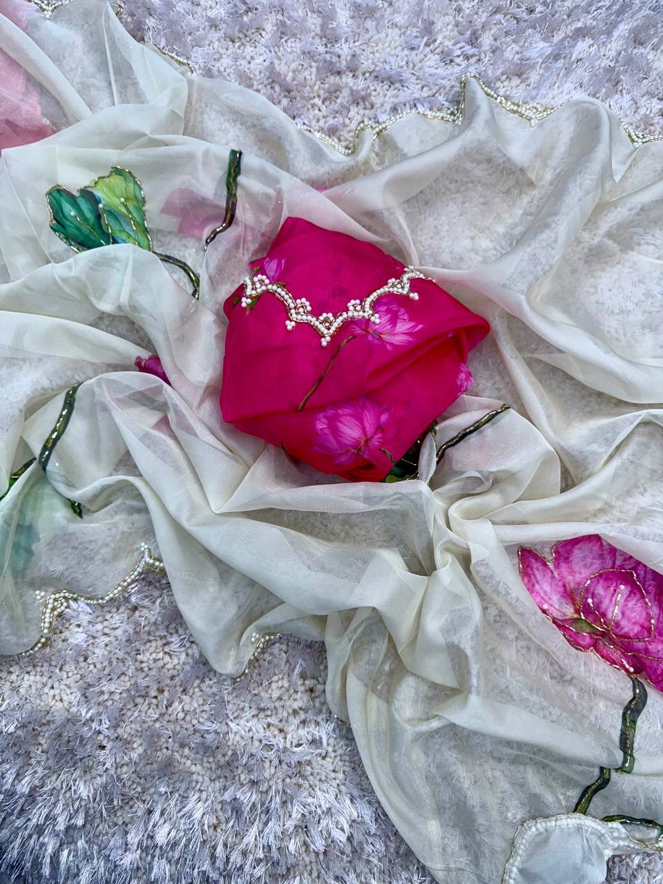 White Soft Tabby Organza with Digital Print and Khatli Work Saree