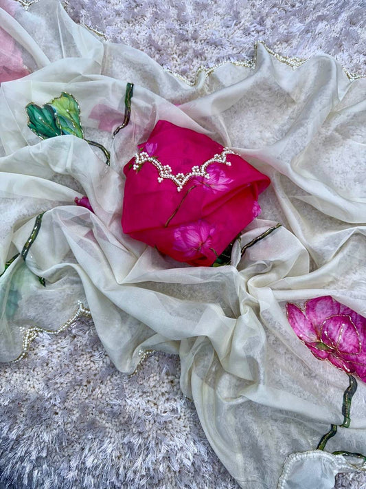 White Soft Tabby Organza with Digital Print and Khatli Work Saree