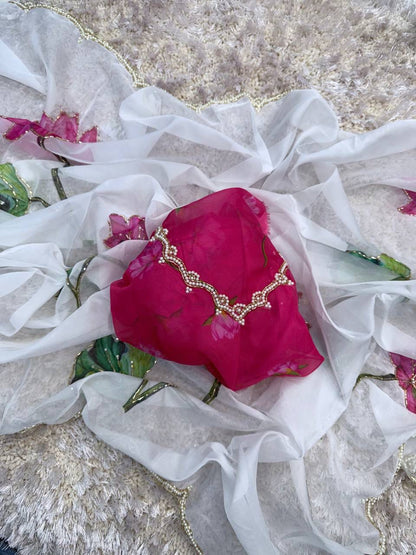 White Soft Tabby Organza with Digital Print and Khatli Work Saree