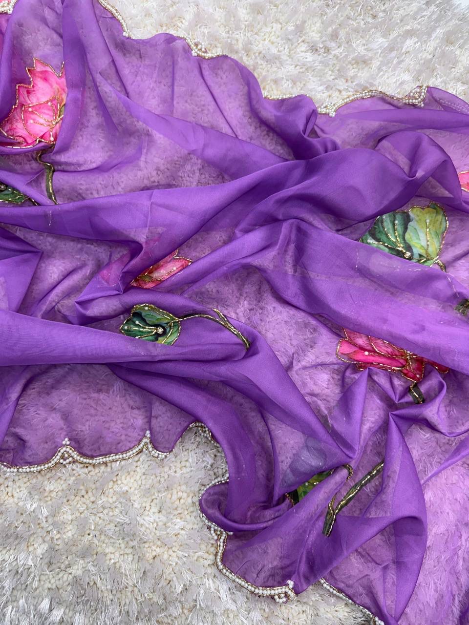 Lavender Soft Tabby Organza with Digital Print and Khatli Work Saree