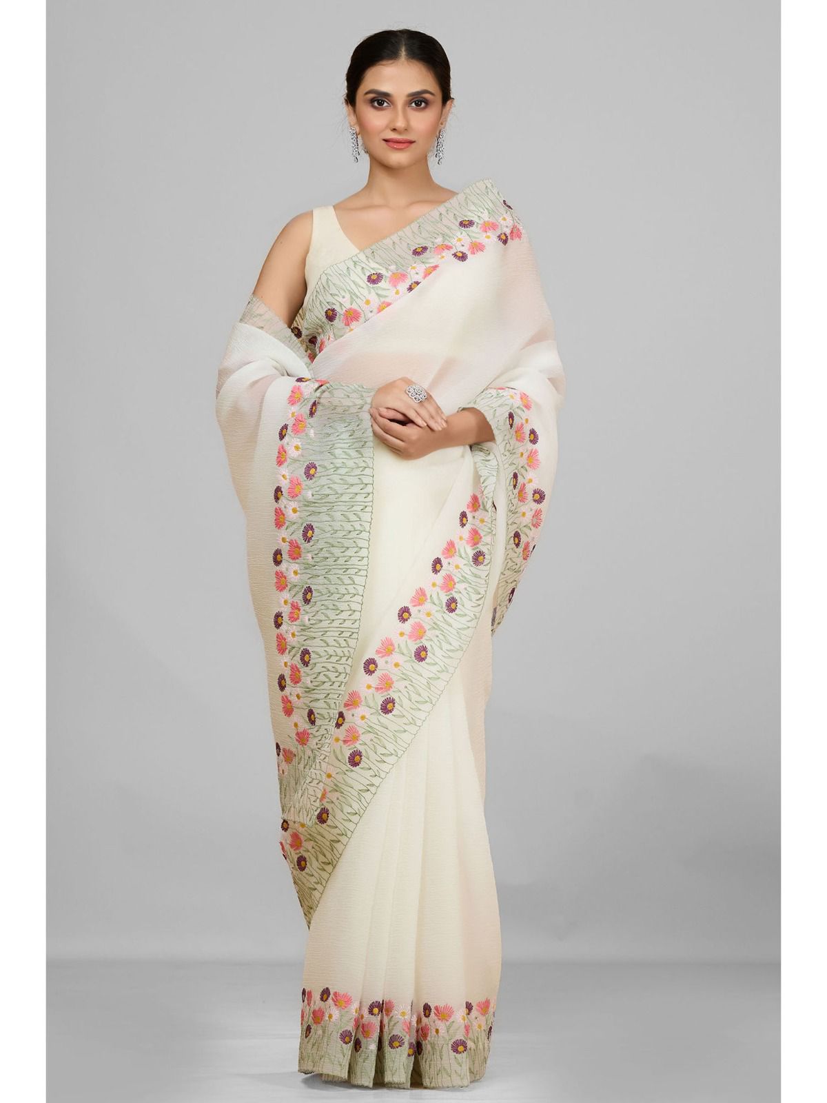 Premium Offwhite Soft Twinkle Crush Embroidery Saree