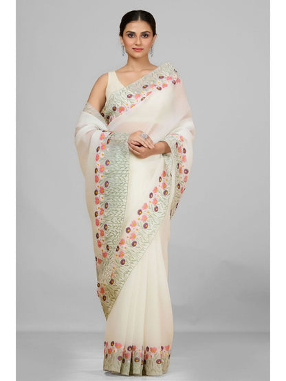Premium Offwhite Soft Twinkle Crush Embroidery Saree