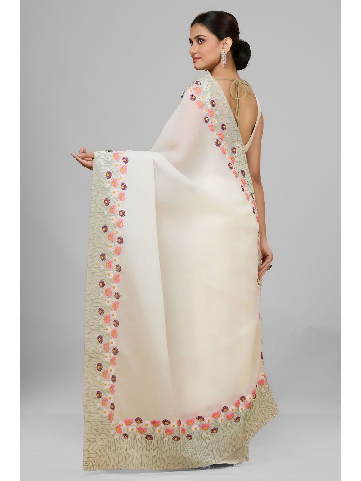 Premium Offwhite Soft Twinkle Crush Embroidery Saree