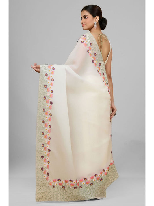 Premium Offwhite Soft Twinkle Crush Embroidery Saree
