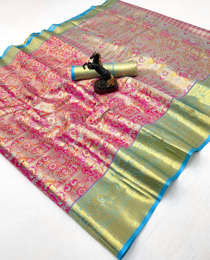 Magenta Pink and Gold Kanchipuram Soft Silk Saree