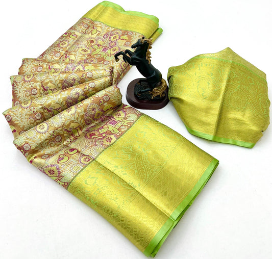 Parrot Green and Gold Kanchipuram Soft Silk Saree
