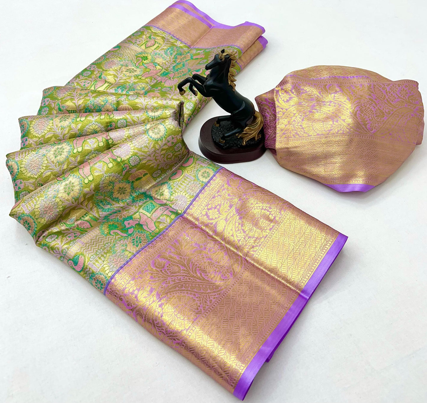 Pastel Green and Pink Kanchipuram Soft Silk Saree