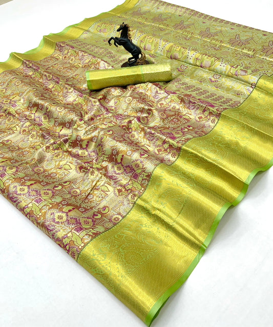 Parrot Green and Gold Kanchipuram Soft Silk Saree
