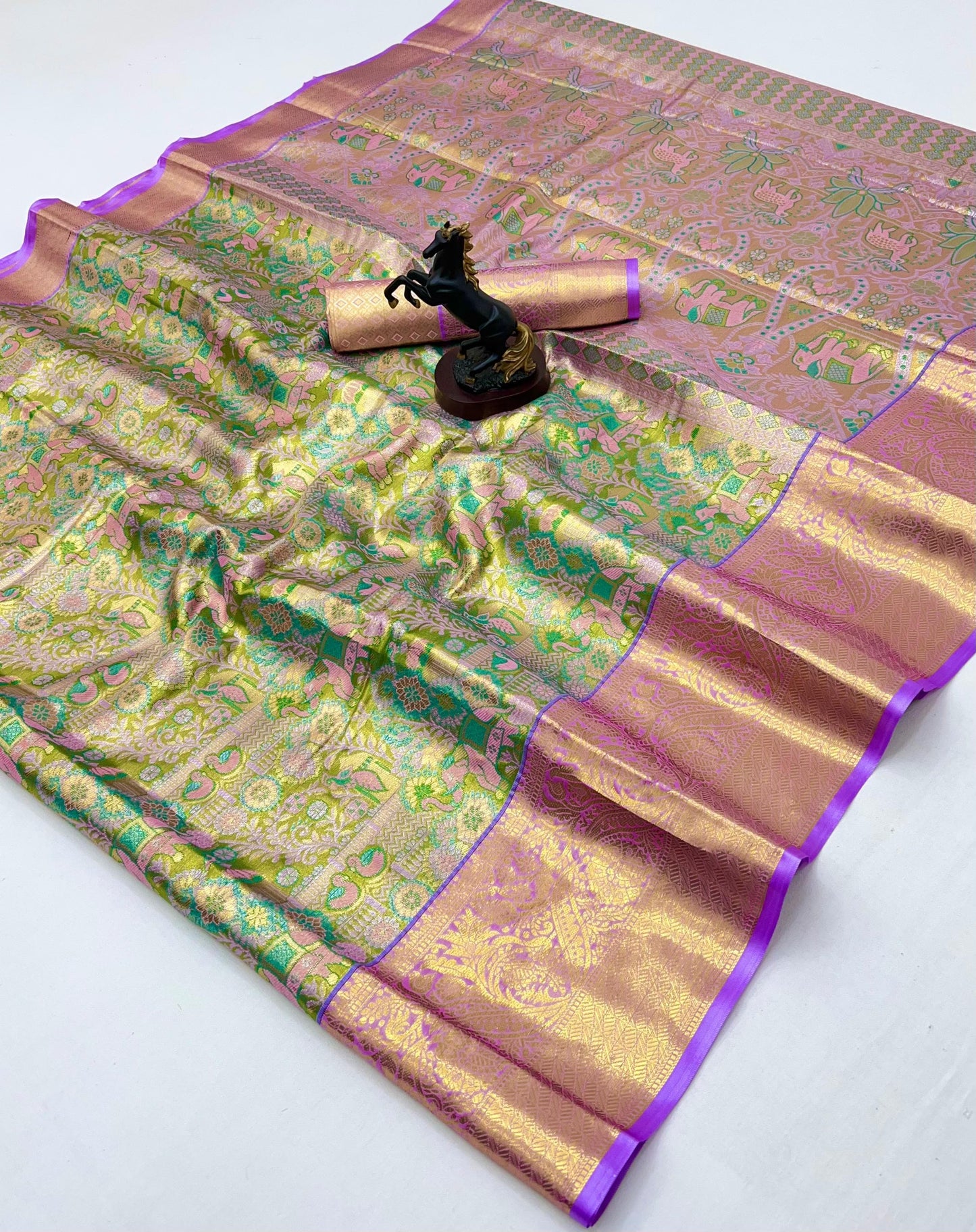 Pastel Green and Pink Kanchipuram Soft Silk Saree