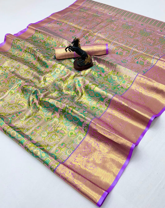 Pastel Green and Pink Kanchipuram Soft Silk Saree