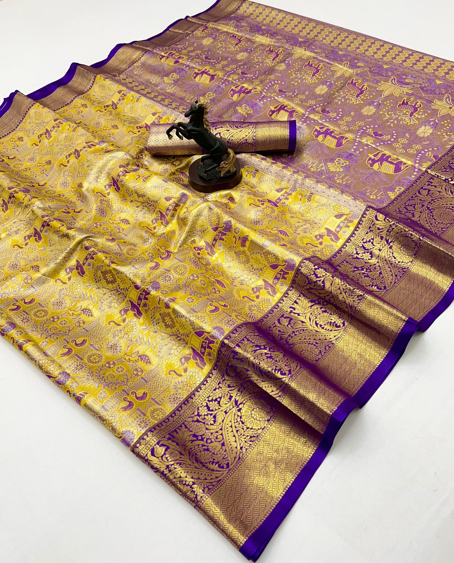 Royal Mustard Yellow and Purple Kanchipuram Soft Silk Saree