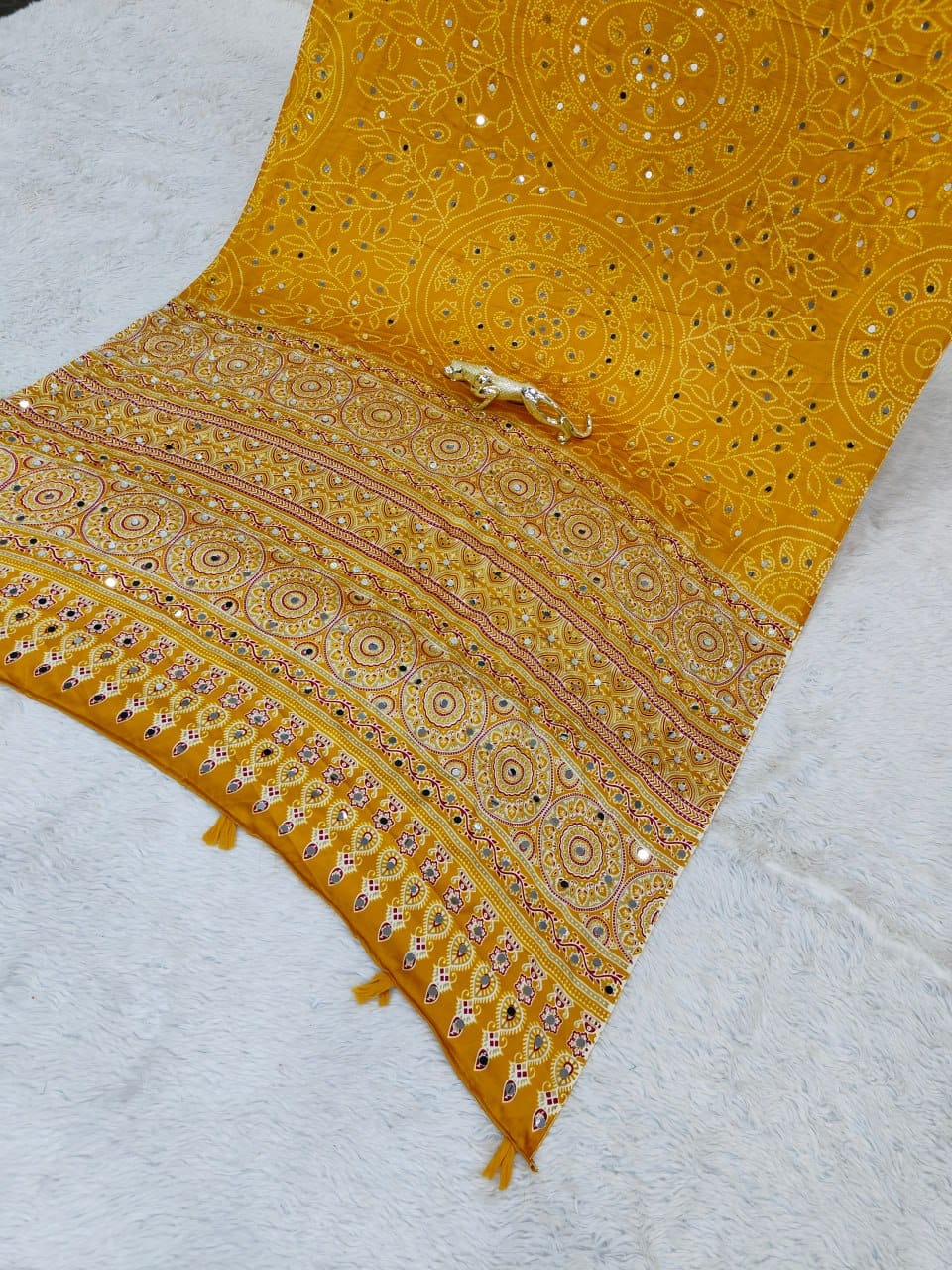 Yellow Bandhani with Ajrakh Mirrorwork Saree