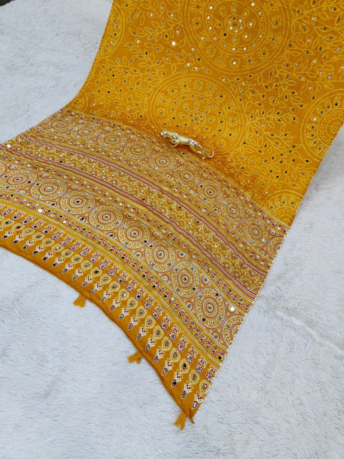 Yellow Bandhani with Ajrakh Mirrorwork Saree