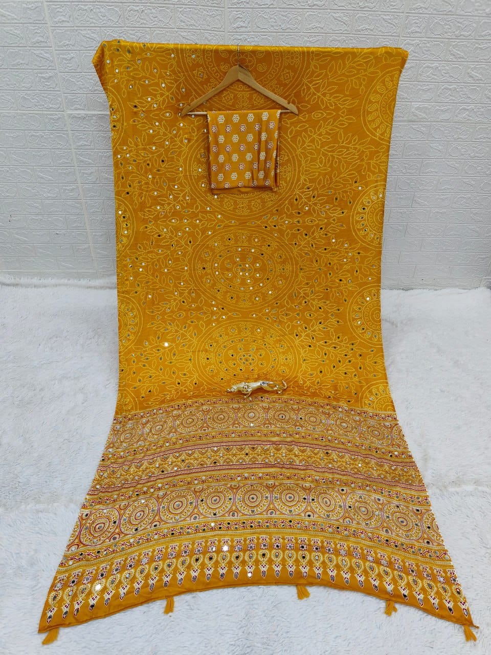 Yellow Bandhani with Ajrakh Mirrorwork Saree