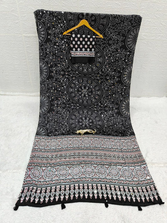 Black Bandhani with Ajrakh Mirrorwork Saree