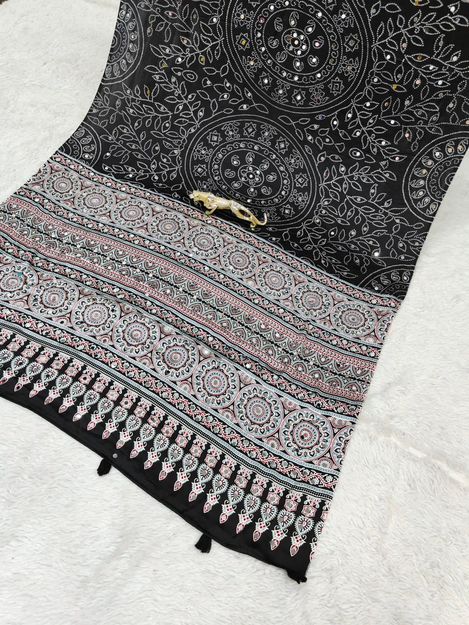 Black Bandhani with Ajrakh Mirrorwork Saree