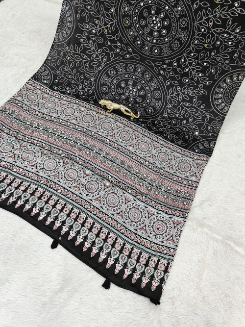 Black Bandhani with Ajrakh Mirrorwork Saree
