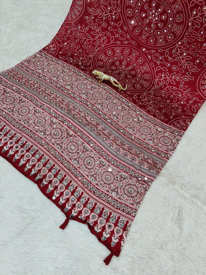 Maroon Bandhani with Ajrakh Mirrorwork Saree