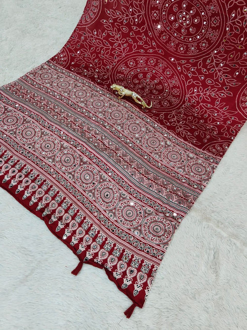 Maroon Bandhani with Ajrakh Mirrorwork Saree