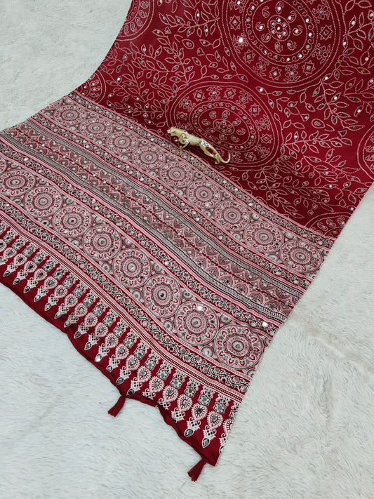 Maroon Bandhani with Ajrakh Mirrorwork Saree