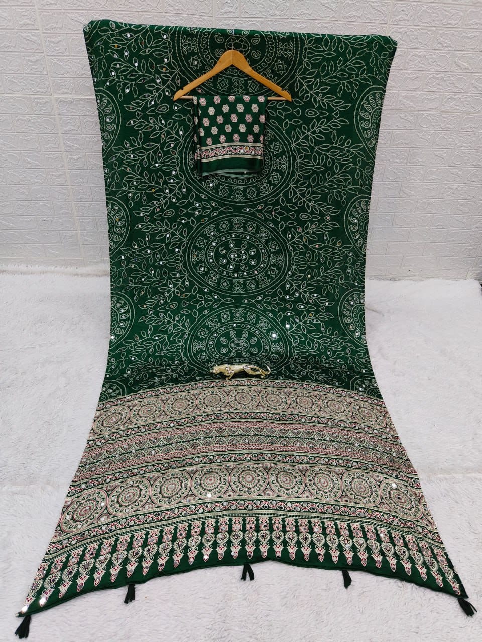 Green Bandhani with Ajrakh Mirrorwork Saree