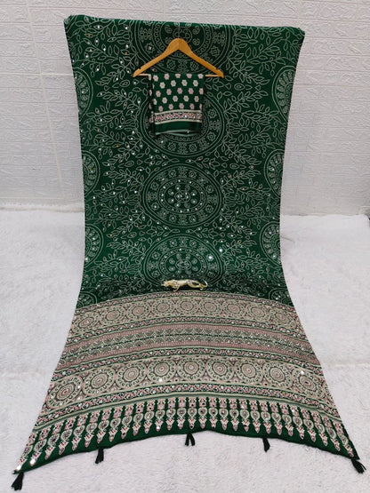 Green Bandhani with Ajrakh Mirrorwork Saree