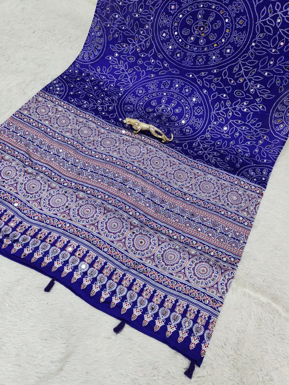 Blue Bandhani with Ajrakh Mirrorwork Saree
