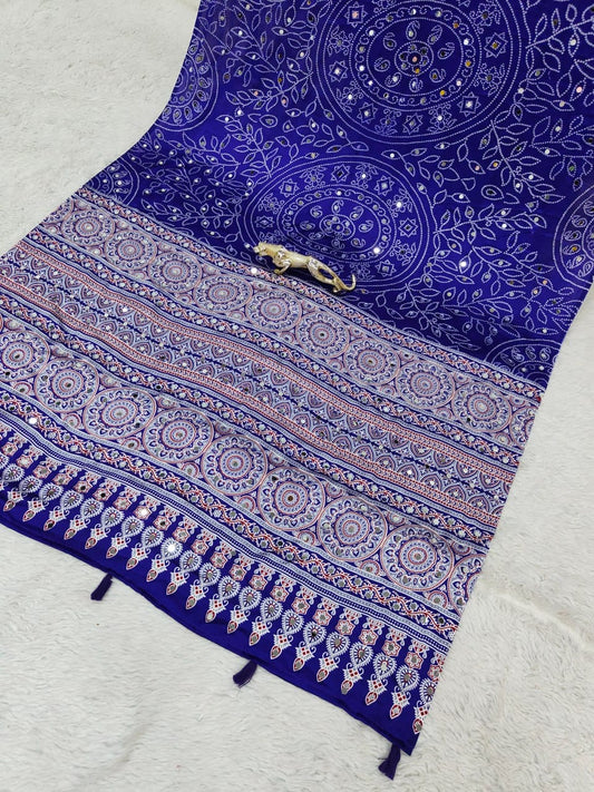 Blue Bandhani with Ajrakh Mirrorwork Saree
