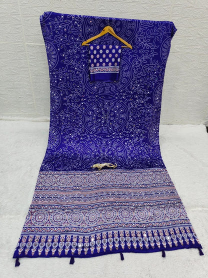 Blue Bandhani with Ajrakh Mirrorwork Saree