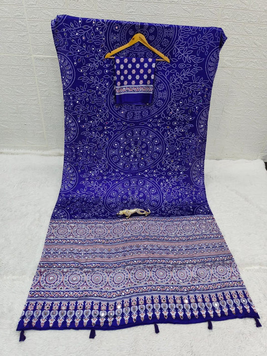 Blue Bandhani with Ajrakh Mirrorwork Saree