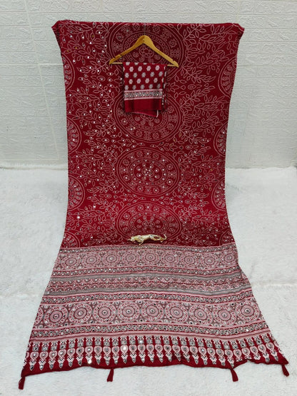 Maroon Bandhani with Ajrakh Mirrorwork Saree