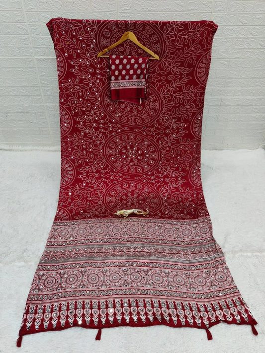 Maroon Bandhani with Ajrakh Mirrorwork Saree