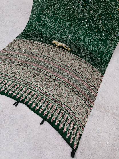 Green Bandhani with Ajrakh Mirrorwork Saree